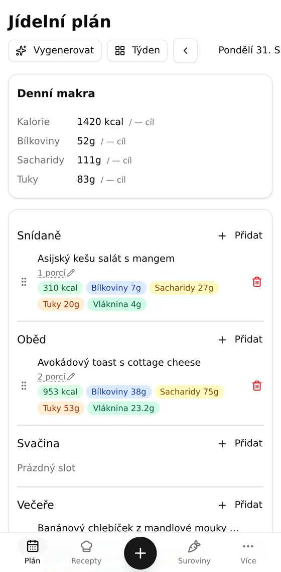 Bertička’s daily meal plan on a phone, showing the Czech app