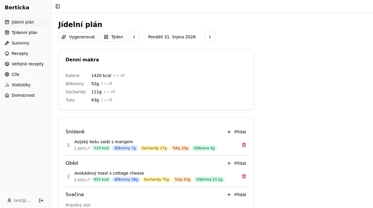 Bertička’s daily meal plan in Czech — daily macros and recipes grouped into breakfast, lunch, snack and dinner