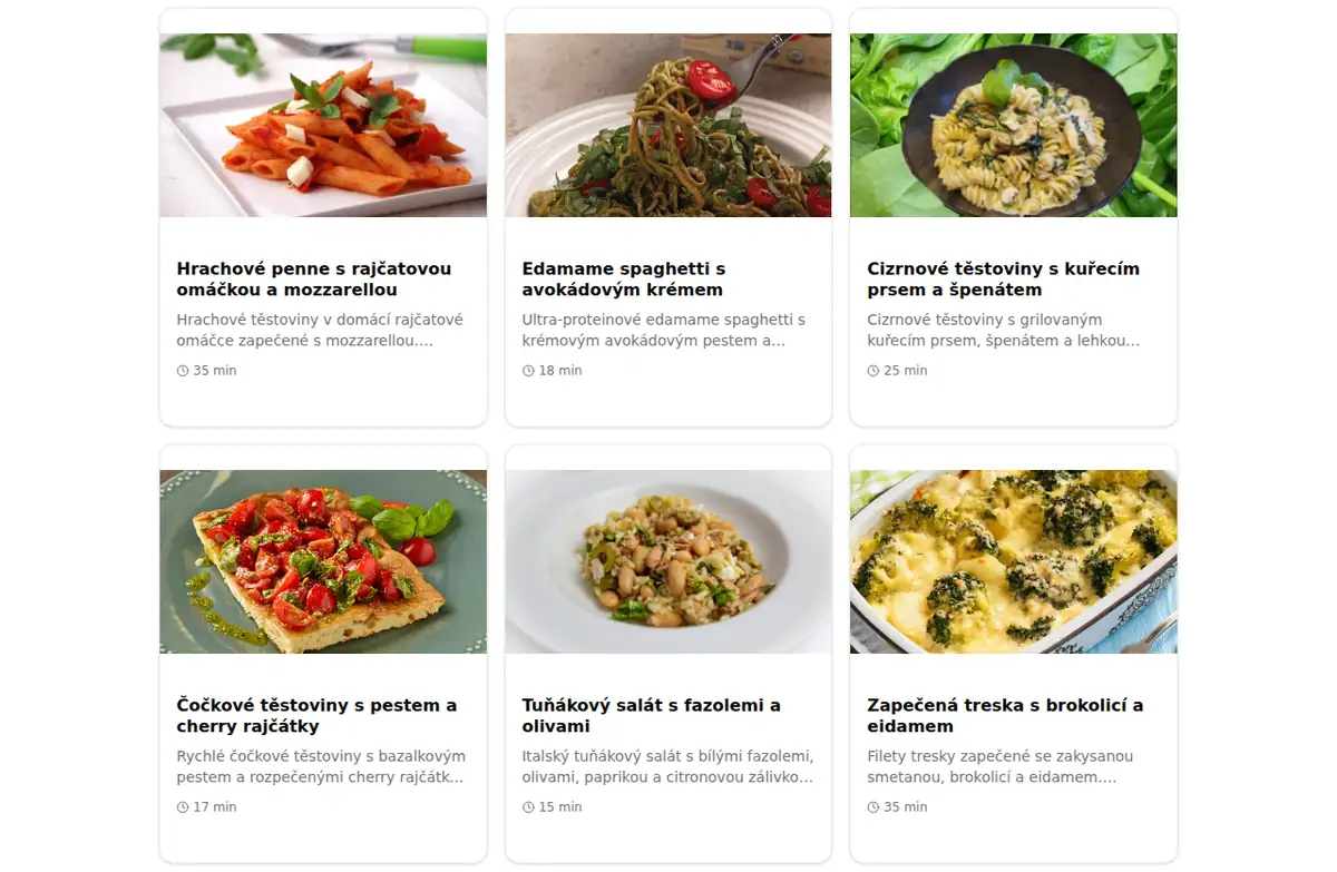 Bertička’s public recipe catalog in Czech — cards with photos, descriptions and preparation times